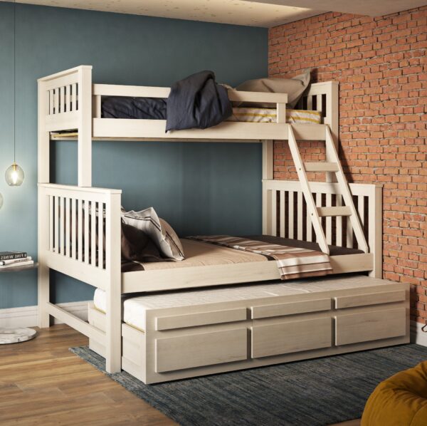 Treliche com Cama de Casal Branco Lavado c/ Cama Auxiliar 3 Gavetas Madeira Pinus