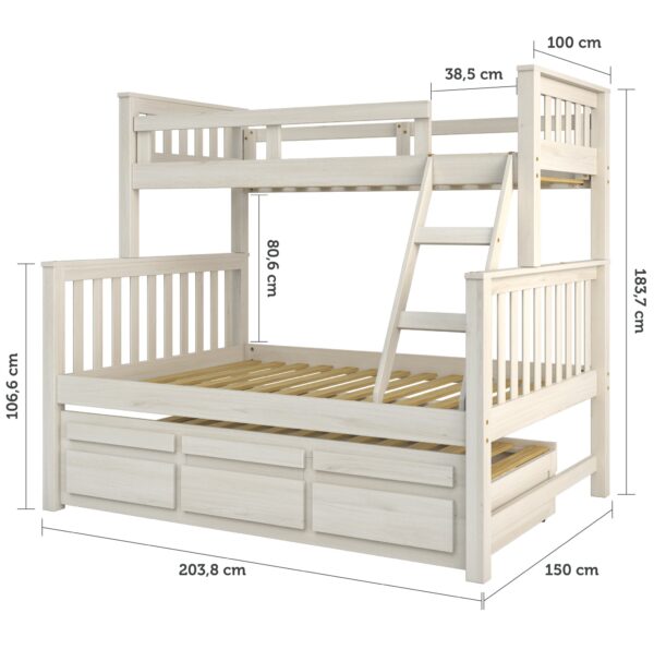 Treliche com Cama de Casal Branco Lavado c/ Cama Auxiliar 3 Gavetas Madeira Pinus
