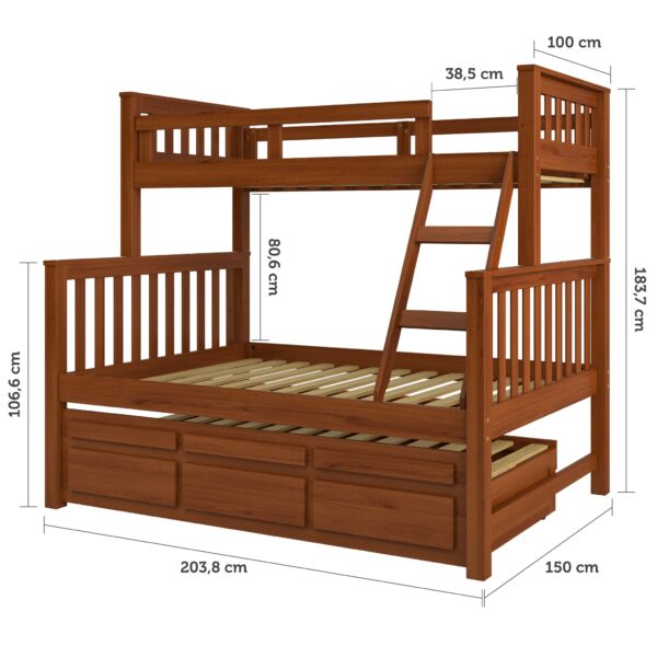 Treliche com Cama de Casal Castanho Claro c/ Cama Auxiliar 3 Gavetas Madeira Pinus