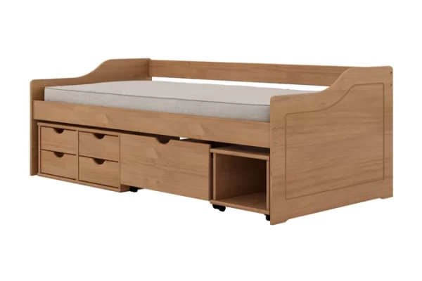 Cama Floro Solteiro Amêndoa 5 Gavetas + 1 Nicho